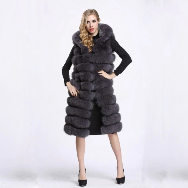Abrigo de piel largo de mujer P1867 gris oscuro XXS