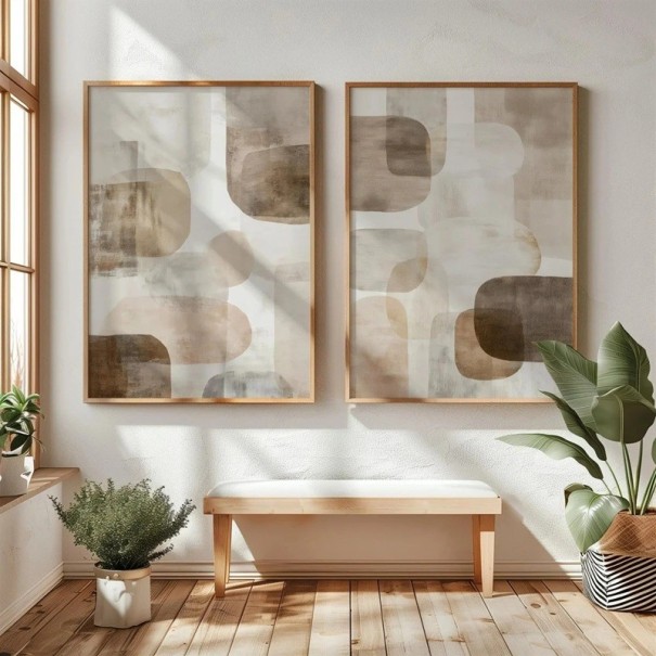 Abstraktní japonské plakáty organický motiv 40x50 cm plátno béžová hnědá dekorace na zeď do obývacího pokoje ložnice 1