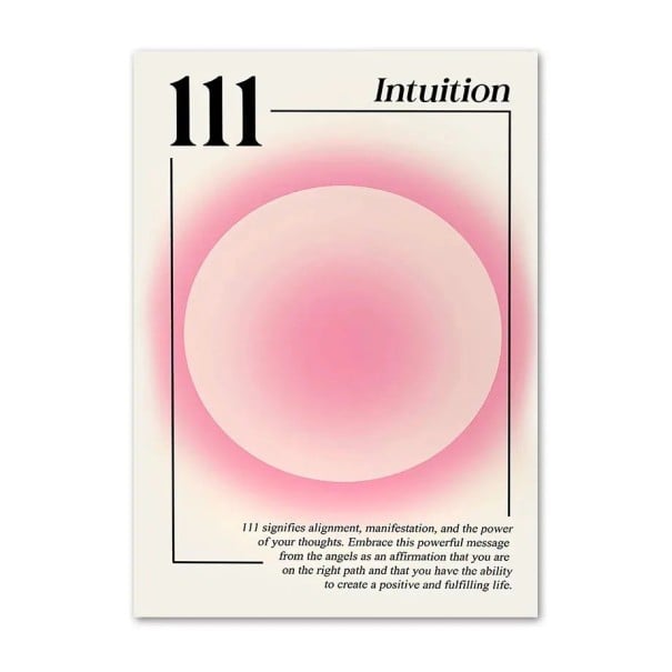Abstraktní plakát na zeď s číslem 111 a motivem intuice 50 x 70 cm plátěný tisk růžový kruh bez rámu dekorace do interiéru 1