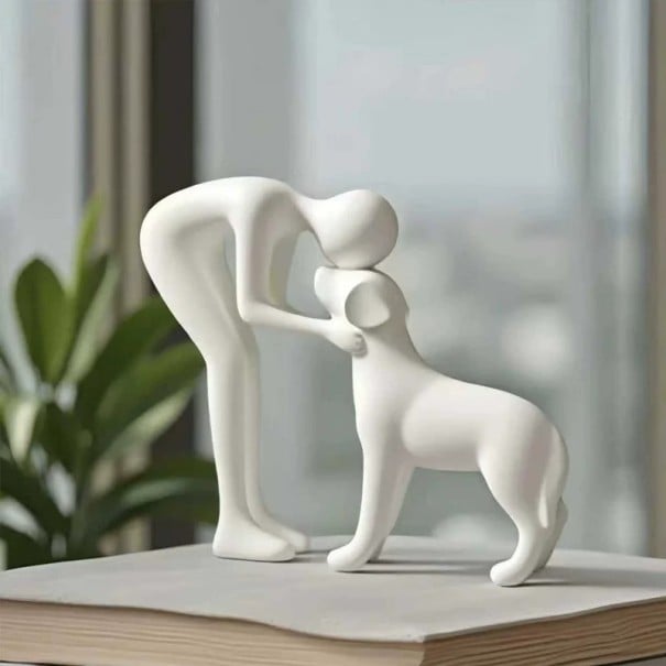 Abstraktní plastová figurka s motivem muže a psa 9 x 10,6 cm Moderní umění na dekoraci pro interiér bílá