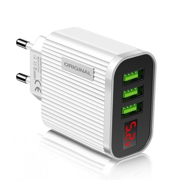 AC-opladeradapter 3 USB-porte med display hvid