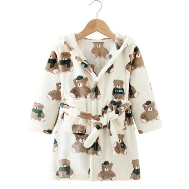 Accappatoio unisex per bambini in pile con cintura in poliestere beige con orsetti Accappatoio morbido e caldo per bambini 5