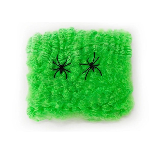 Accesorios de Halloween para exteriores, telaraña artificial elástica con arañas, decoración de fiesta, telaraña colorida, decoración de Halloween para casa embrujada, 20 g verde