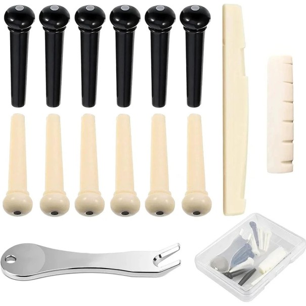 Accessory Set for Acoustic Guitar 14 Pcs Tuner Bridge Pin Puller Saddle Zero Fret 6 Black and 6 Ivory Bridge Pins 1
