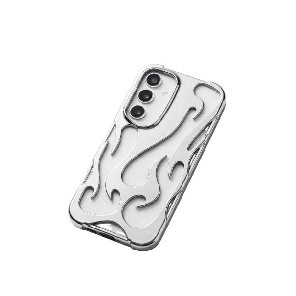 Achterkant voor Samsung Galaxy S26 Ultra met een plastic 3D patroon van vlammen Mobiele hoes met een vlammotief glanzend zilver