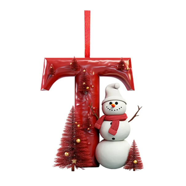 Acryl kerstversiering 8 x 7 cm Rode letter T met sneeuwpop 2D decoratie voor de kerstboom met lint Kerstdecoratie voor thuis 1