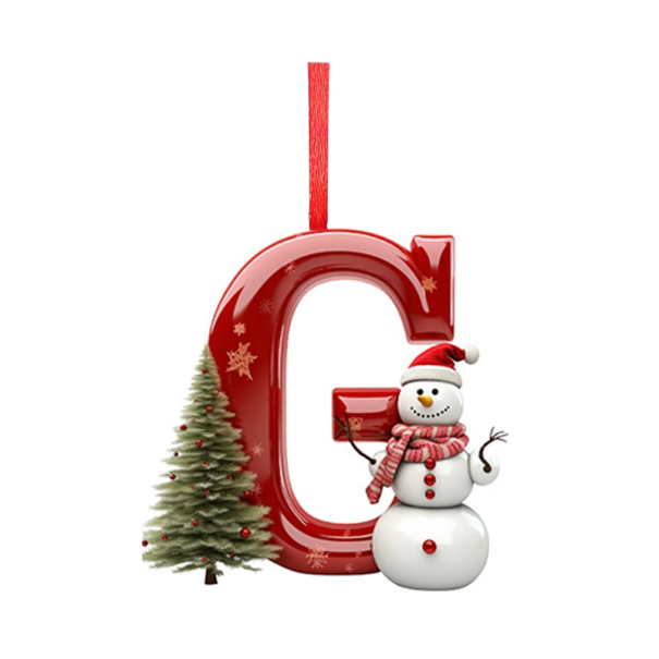 Acrylic Christmas Decoration 8 x 7 cm Letter G with Snowman 2D Hanging Ornament with Red Ribbon Christmas Decoration 1