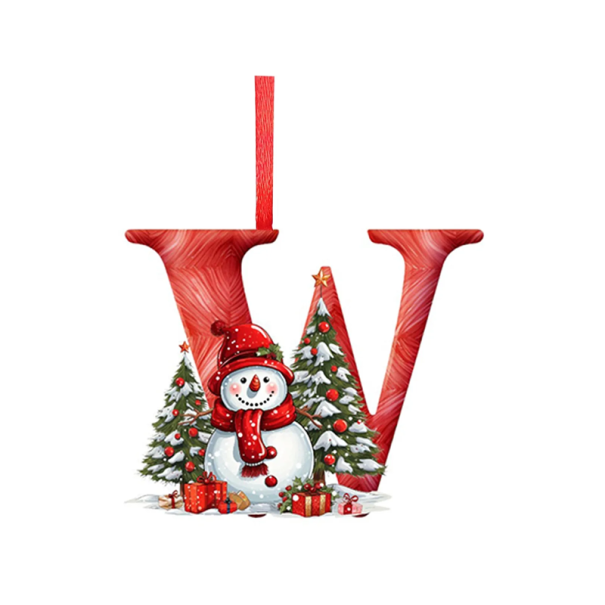 Acrylic Christmas Decoration 8 x 7 cm Letter W with Snowman Red 2D Decoration for Christmas Tree with Ribbon Christmas Decoration 1