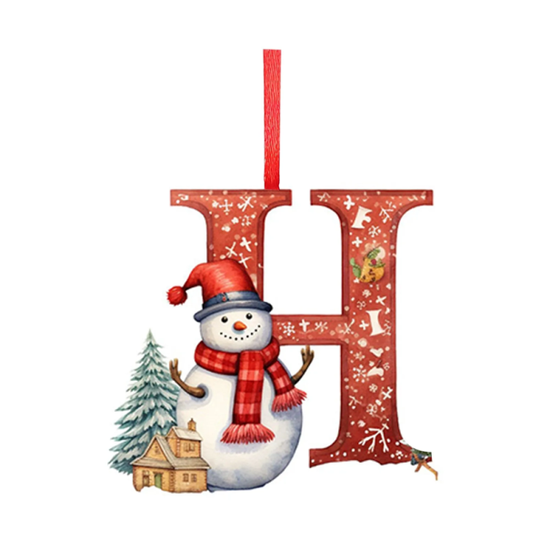Acrylic Christmas Decoration 8 x 7 cm Red Letter H with Snowman 2D Decoration with Ribbon Hanging Decoration for Christmas Tree 1