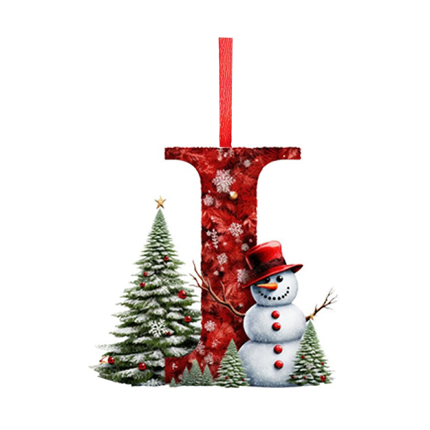 Acrylic Christmas Decoration 8 x 7 cm Red Letter I with Snowman 2D Hanging Decoration with Ribbon for Christmas Tree 1