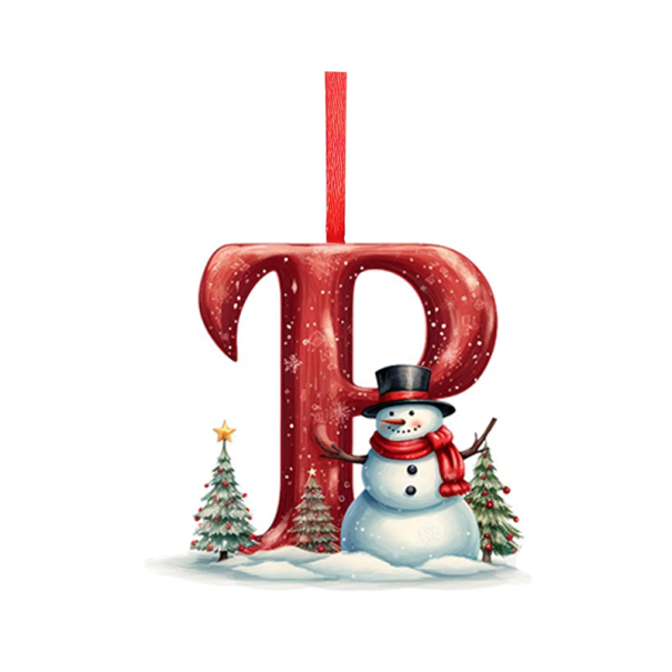Acrylic Christmas Decoration 8 x 7 cm Red Letter P with Snowman 2D Tree Decoration with Ribbon Christmas Hanging Decoration 1