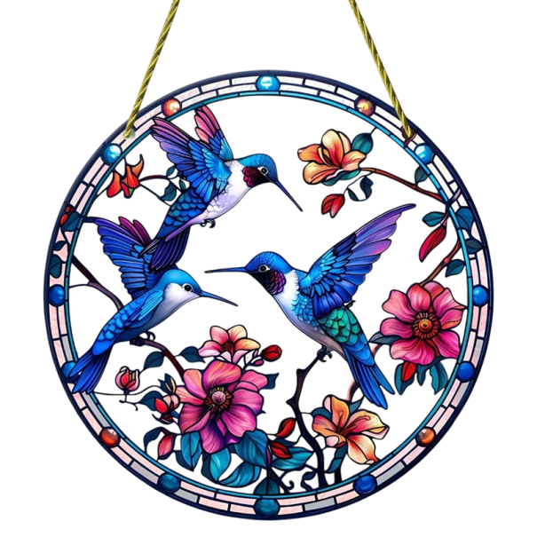 Acrylic Hanging Decoration 2D Hummingbirds and Flowers Round Stained Glass Colourful Ornament Light Catcher Elegant Decoration Interior Exterior 1