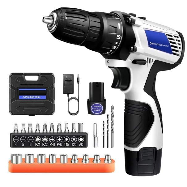 Acuoare de găurit cu acumulator 12V 45Nm set cu baterie 23 piese accesorii 18+1 trepte de cuplu 2 viteze alb-negru pentru bricolaj acasă