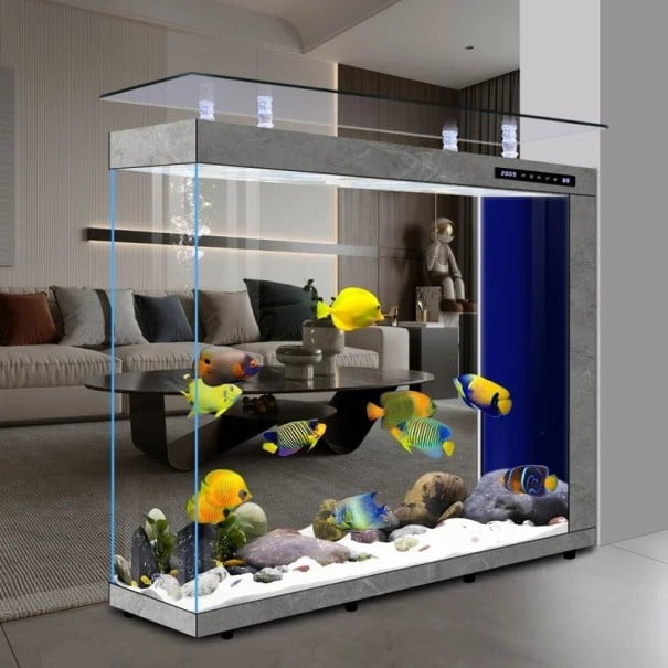 Acvariu de lux 120 x 40 x 116 cm Acvariu mare din sticlă cu despărțitor Iluminare LED din sticlă super albă Filtrare Display gri