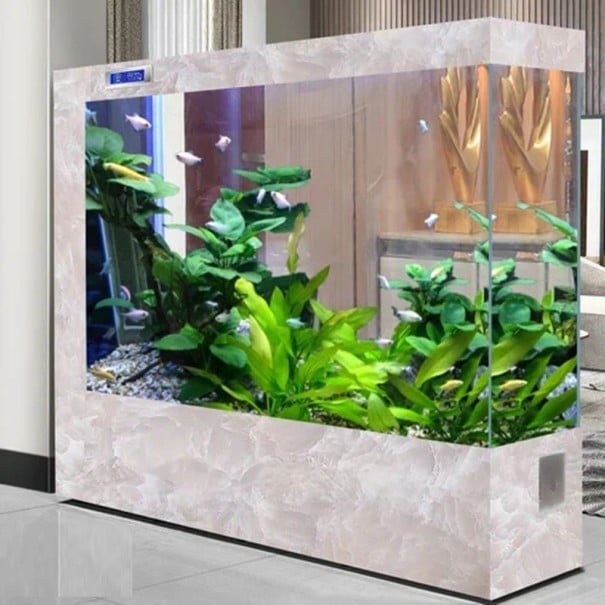 Acvariu mare în picioare 150 x 35 x 130 cm Acvariu dreptunghiular pentru casă cu model de marmură Iluminare LED Filtrare Display Despărțitor alb