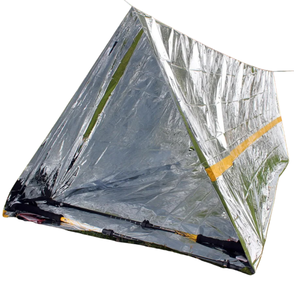 Adăpost de urgență pentru 2 persoane, cort bivuac Mylar 240 x 150 cm, adăpost tubular impermeabil, SOS pentru camping în sălbăticie argint