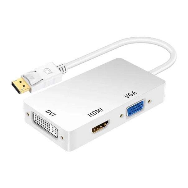 Adaptador 3 em 1 DisplayPort macho para HDMI VGA DVI fêmea Conversor Saída de Vídeo 1080p Para monitor, projetor e placa gráfica branco