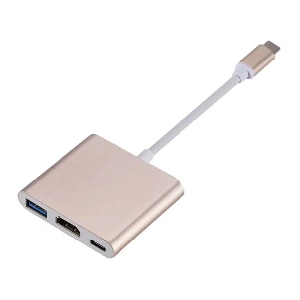 Adaptador 3 em 1 USB-C para HDMI, USB 3.0 e USB-C para Alimentação, Conversor de Vídeo e Dados 4K, Comprimento 15 cm para MacBook, Tablet, Portátil, TV rosa