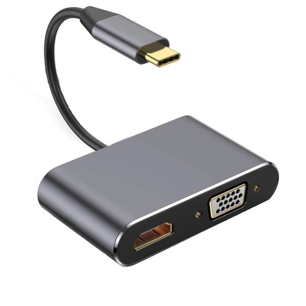 Adaptador 4 em 1 USB-C para HDMI, VGA, USB 3.0 e USB-C para monitor ou projetor Resolução HDMI até 4K e VGA até 1080p Corpo em alumínio Cabo de 15 cm 1