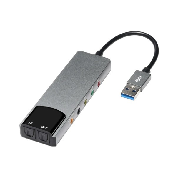 Adaptador de áudio USB externo 6 em 1 com saída óptica de alumínio para notebook Microfone Auscultadores Saída Estéreo Conversor Multicanal 1