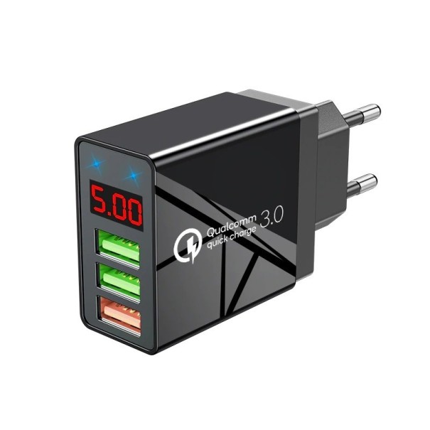 Adaptador de CA de carga rápida con 3 puertos USB negro