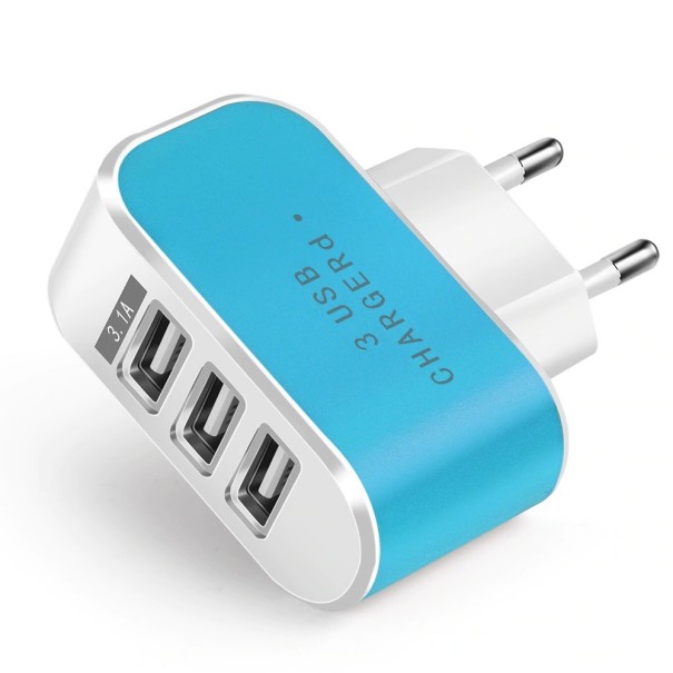 Adaptador de carga de CA 3 puertos USB azul