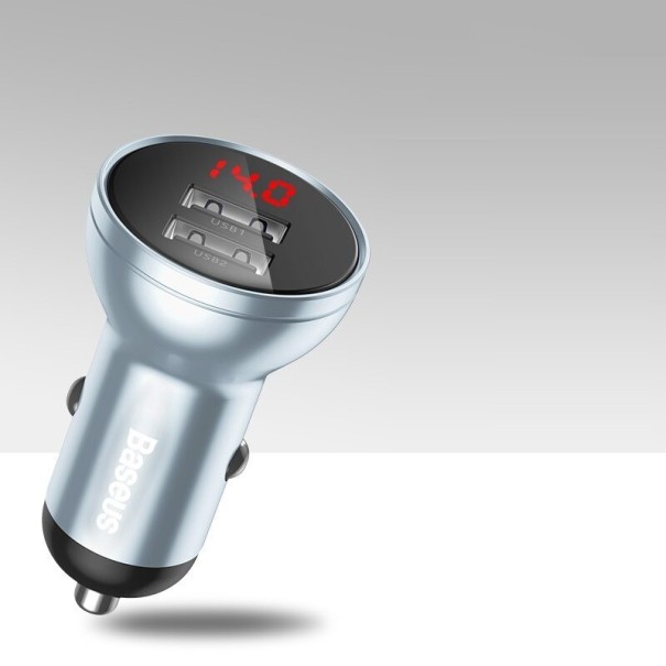 Adaptador de cargador de coche USB dual con pantalla plateado