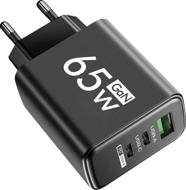 Adaptador de carregamento rápido com 3 portas 65 W preto