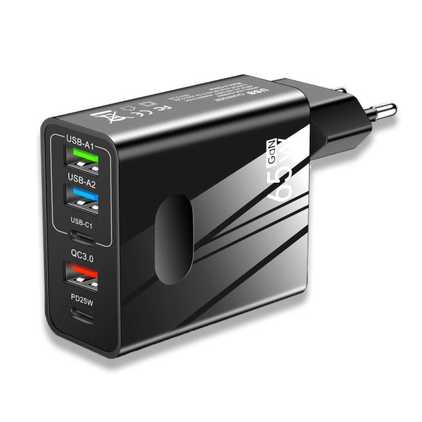 Adaptador de carregamento rápido de 65 W com 5 portas preto