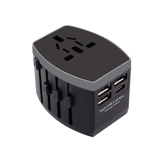 Adaptador de corriente de viaje universal con 3 puertos USB y 1 puerto USB-C gris oscuro