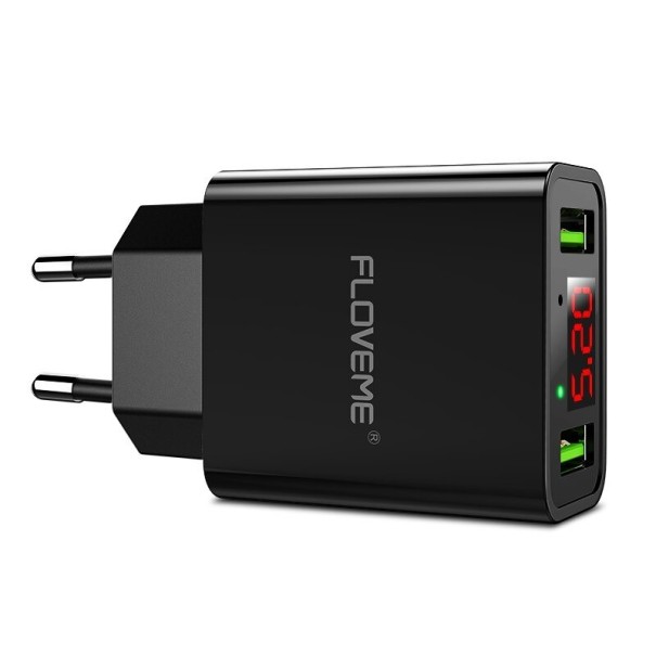 Adaptador de corriente USB dual con pantalla negro