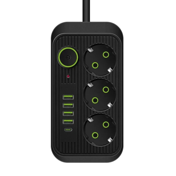 Adaptador de prolongamento EU 5M cabo Multiponto 3× AC + USB C + 4× USB A Carregamento rápido Luz LED Interruptor 2500W preto