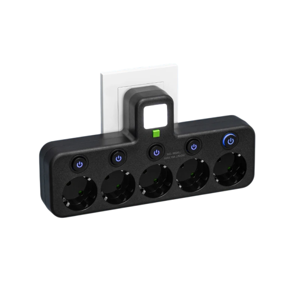 Adaptador de tomada EU 5AC 5 tomadas 2500W 10A Sem cabo Luz nocturna Interruptor com luz indicadora Tomada eléctrica de escritório 110–250V preto