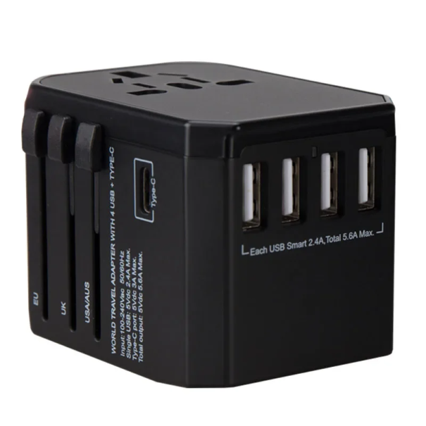 Adaptador de viagem inteligente para tomada com USB, USB-C e AC EU UK US AU Carregador universal de rede para uso internacional preto