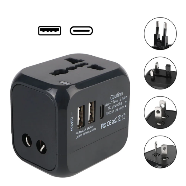 Adaptador de viagem para tomada 6A 5,7 x 4,6 x 6,2 cm Conector universal US EU UK AU 2× USB 1× USB-C Segurança infantil Carregador 1