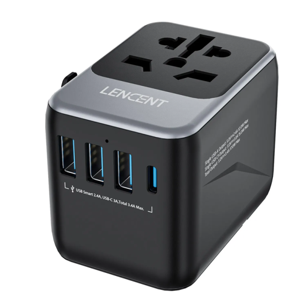 Adaptador de viagem universal com saída USB e USB-C AC/DC EU UK EUA AUS Tomada de rede 2500W 100–250V Carregador para uso internacional cinzento