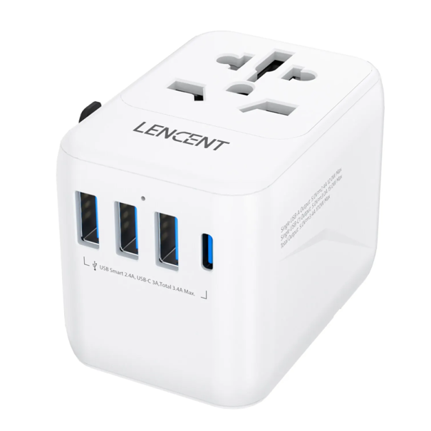 Adaptador de viaje universal con salida USB y USB-C, CA/CC, UE, Reino Unido, EE. UU., AUS, cargador de 2500 W y 100-250 V para uso internacional. blanco