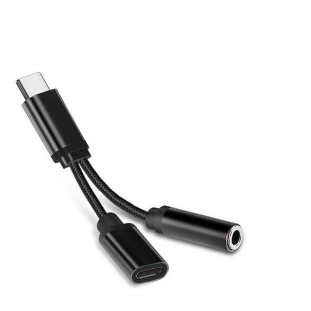 Adaptador divisor USB-C a conector de 3,5 mm y USB-C para carga simultánea y escucha de música Funda de nylon Carcasas de aluminio Longitud negro