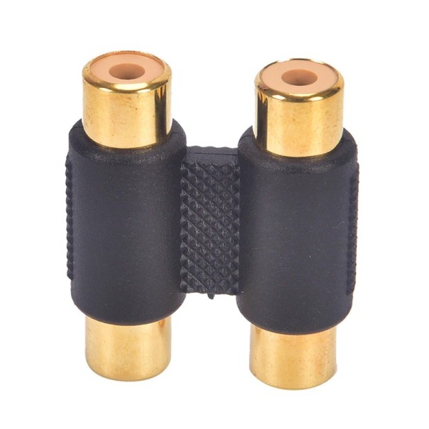Adaptador doble RCA hembra a hembra para la extensión simultánea de dos cables cinch Conectores dorados Cuerpo negro con centro estriado 1
