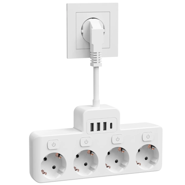 Adaptador EU com 4 tomadas, 2x USB A + USB C, cabo de extensão 16A 3840W, carregamento rápido, interruptores individuais, proteção contra sobrecarga branco