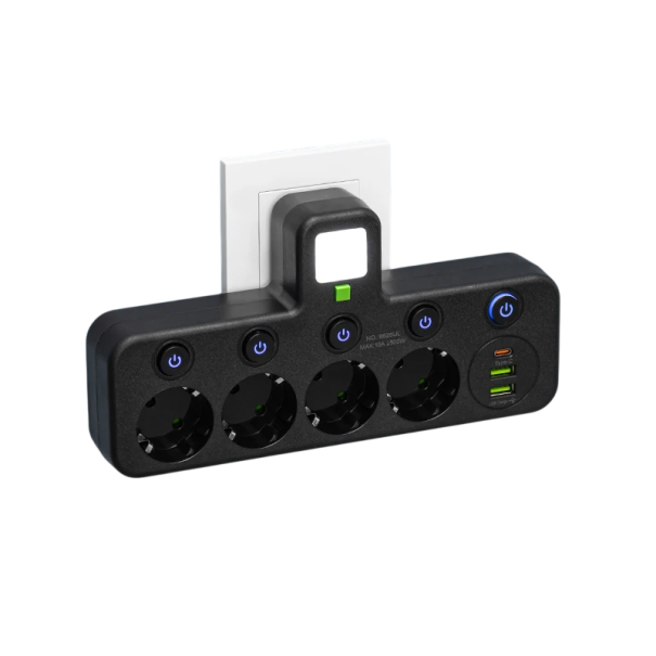 Adaptador EU com 5 tomadas 5AC 2x USB A e USB C 2500W 10A Luz nocturna Interruptor com luz indicadora Tomada de escritório 110–250V preto