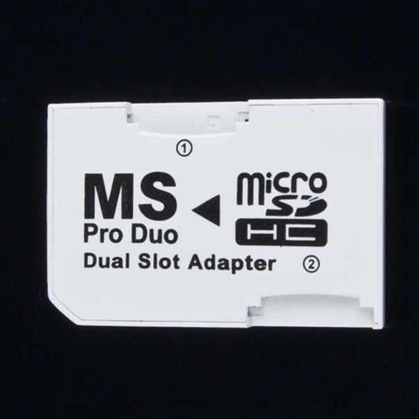 Adaptador MS Pro Duo para duas cartas Micro SD e Micro SDHC Redução de cartões de memória para dispositivos com slot MS Pro Duo Slots numerados 1