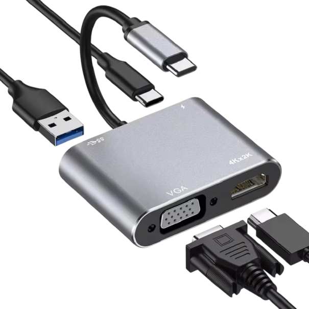 Adaptador Multifuncional 4 em 1 USB-C para VGA, HDMI, USB 3.0 e USB-C PD 100W 15 cm Conversor de Vídeo e Dados para MacBook, Notebook, Tablet, TV 1