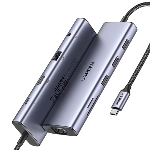 Adaptador USB-C 10 en 1 HDMI 4K 30Hz VGA RJ45 Gigabit PD 100W USB 3.0 con jack de audio hub metálico gris para portátiles 1