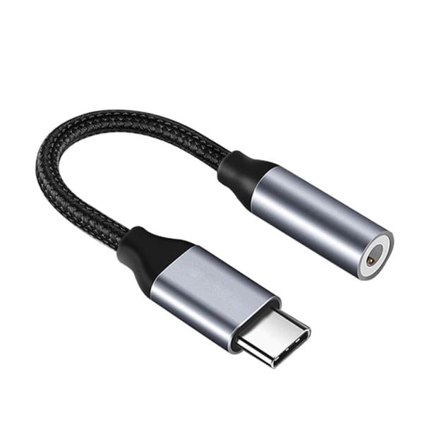 Adaptador USB-C a 3,5 mm jack para conectar auriculares con cable a un teléfono o tableta Cable trenzado negro Extremos grises 1