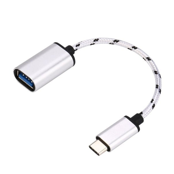 Adaptador USB-C a USB 3.0 con cable trenzado para conectar una unidad flash a un teléfono o portátil. Terminales plateadas. Longitud 20 cm 1