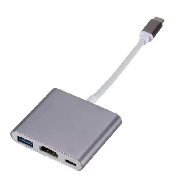 Adaptateur 3 en 1 USB-C vers HDMI USB 3.0 et USB-C Alimentation Adaptateur Convertisseur Vidéo et Données 4K Longueur 15 cm Pour MacBook Tablette Ordinateur Portable TV gris
