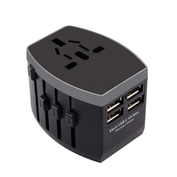 Adaptateur secteur de voyage universel avec 4 ports USB gris foncé
