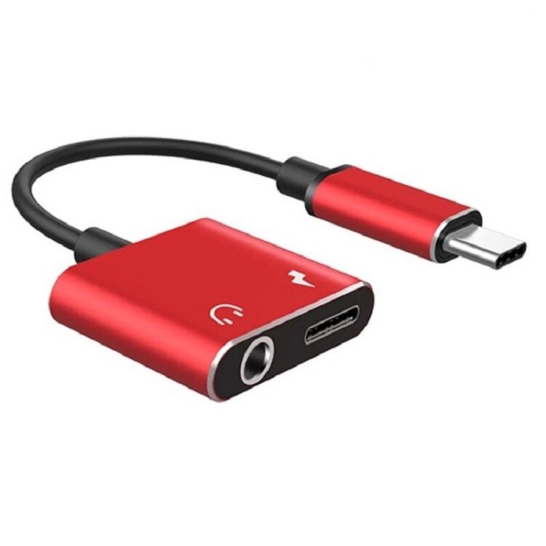 Adaptateur USB-C vers jack 3,5 mm et hub USB-C 2 en 1 pour écouteurs et chargement Câble court et deux prises côte à côte Couleur rouge 1