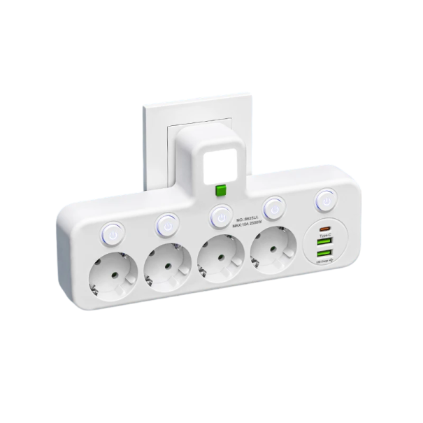 Adapter EU-stik 5AC 5 stikkontakter 2x USB A og USB C 2500W 10A Natlampe Tænd/sluk-knap med indikatorlampe Kontorstikkontakt 110–250V hvid